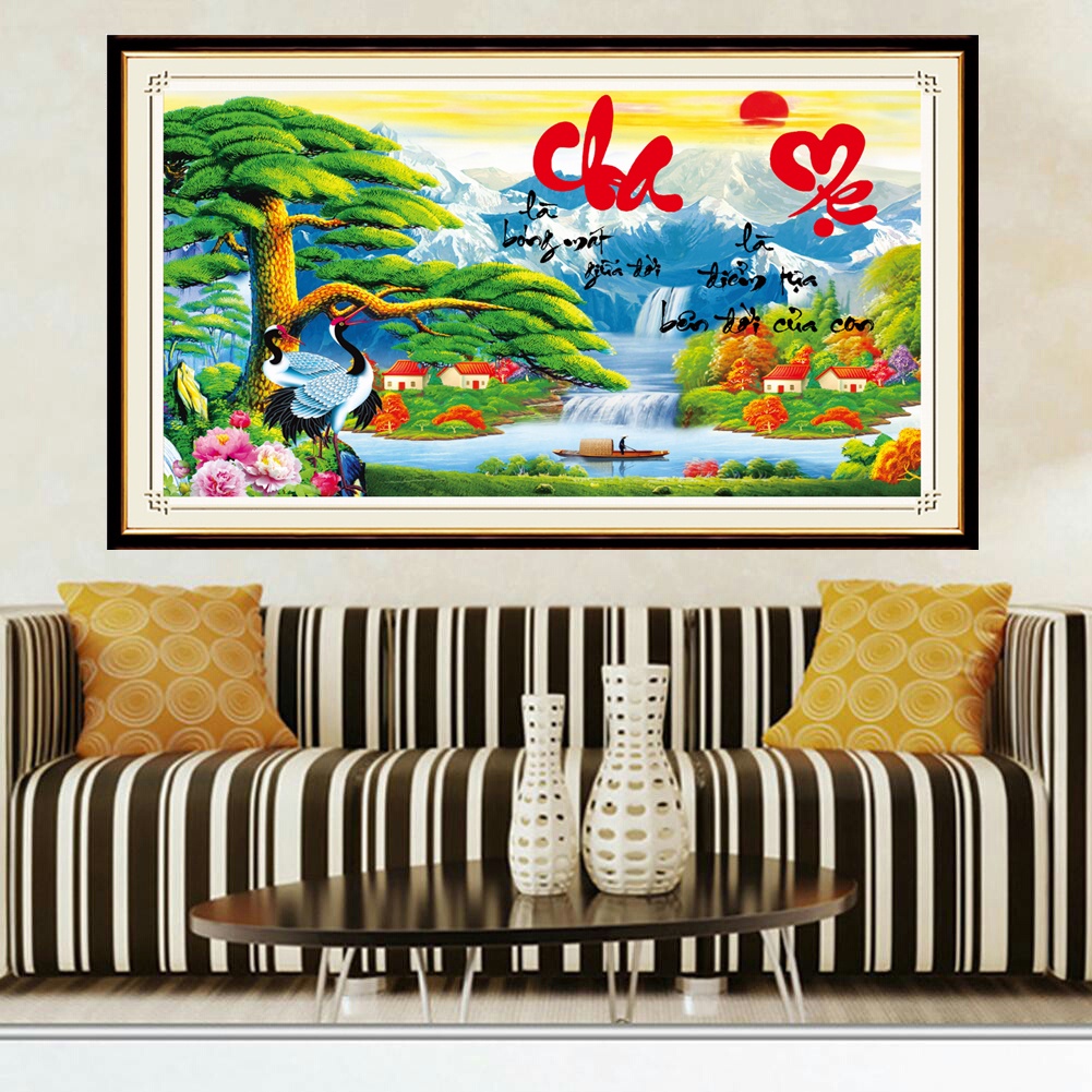 Tranh đính đá cha mẹ , tranh gắn đá chưa gắn và chưa khung.