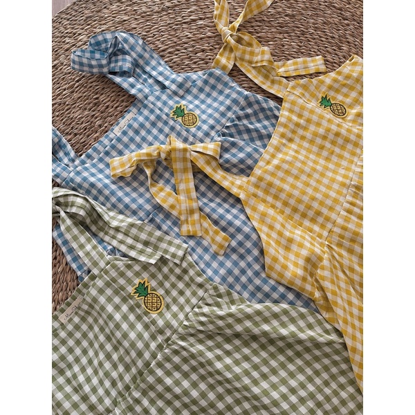 Set áo hai dây buộc nơ kẻ caro có trái dứa và quần sooc trắng siêu xinh đồ bộ nữ