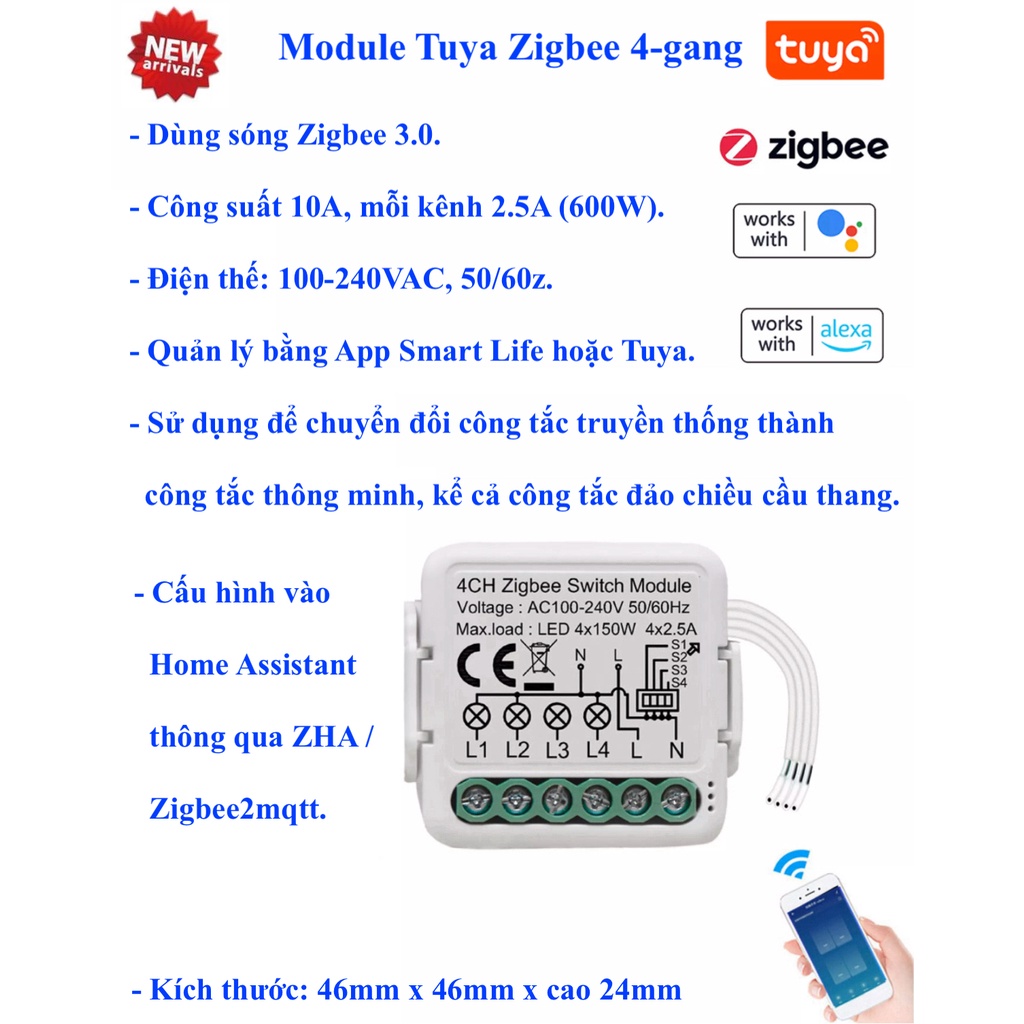 
                        Module công tắc thông minh Tuya Zigbee / Wifi 1/2/3/4-kênh, CP01, CP02, App Smart Life/ Tuya - Mẫu 2 -
                    