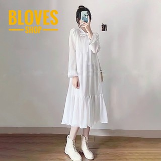 Đầm babydoll đuôi cá cổ nơ váy nữ trơn tay bồng 2 màu