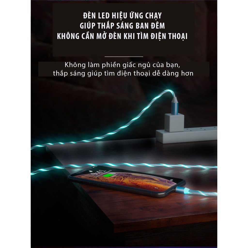 Cáp Sạc Nam Châm Phát Sáng Đèn Led Xoay 360 Độ Dành Cho Iphone, Android, Type-C