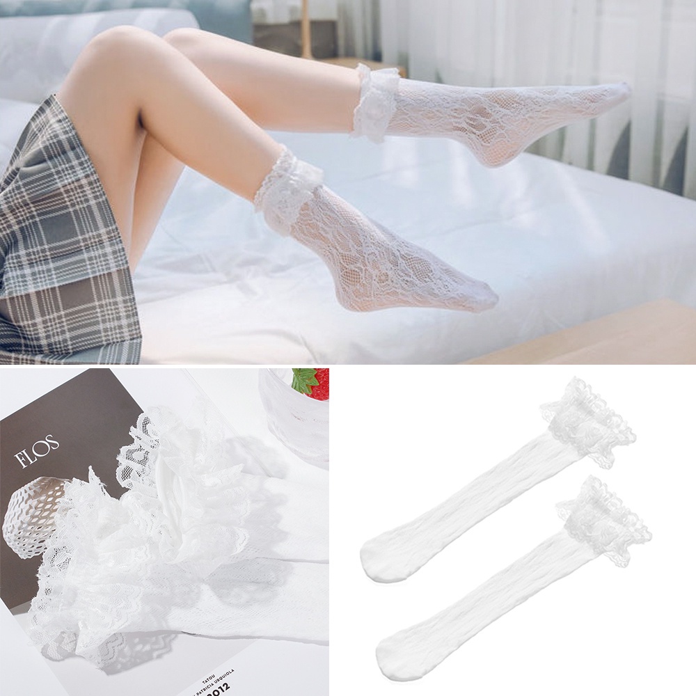 Vớ cổ cao tới đầu gối nylon co giãn xuyên thấu vải ren nhún bèo phong cách lolita thời trang dành cho nữ