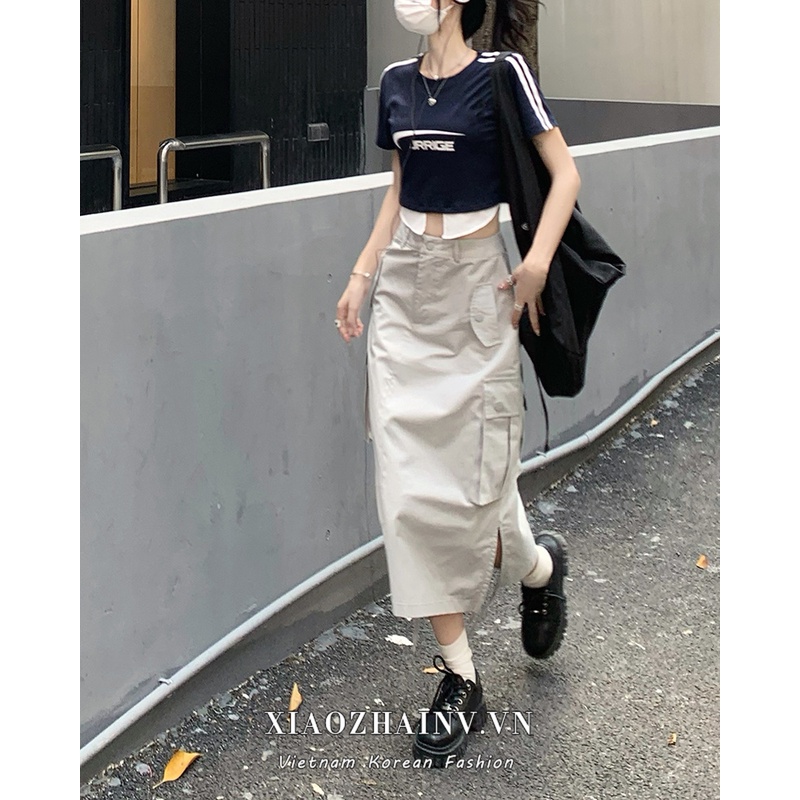 Áo croptop tay ngắn / Chân váy Xiaozhainv thời trang retro cho nữ
