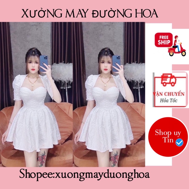 D1 Đầm xốp cup ngực cổ sóng tay bồng dáng xoè tiểu thư siêu xinh