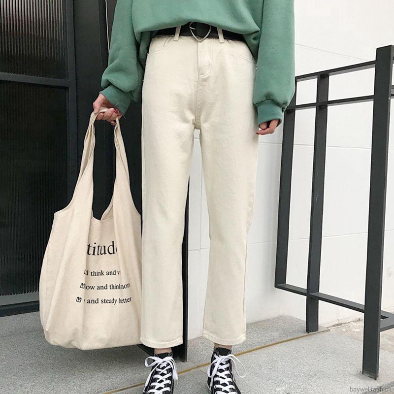 [Baywellfashion]Quần jean denim nữ lưng cao ống rộng