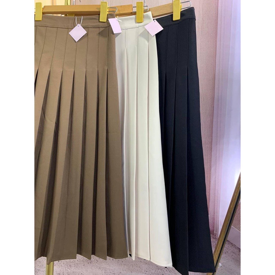 Chân váy xếp ly TENNIS dáng dài xòe Midi công sở qua gối có BIGSIZE màu nâu tây chất tuyết mưa CAO CẤP CV17M