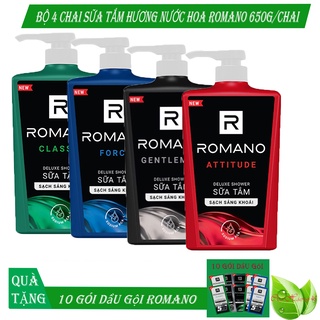 Romano: Bộ 4 Chai Sữa Tắm nước hoa Romano 650g/chai + Tặng 12 gói dầu gội Romano
