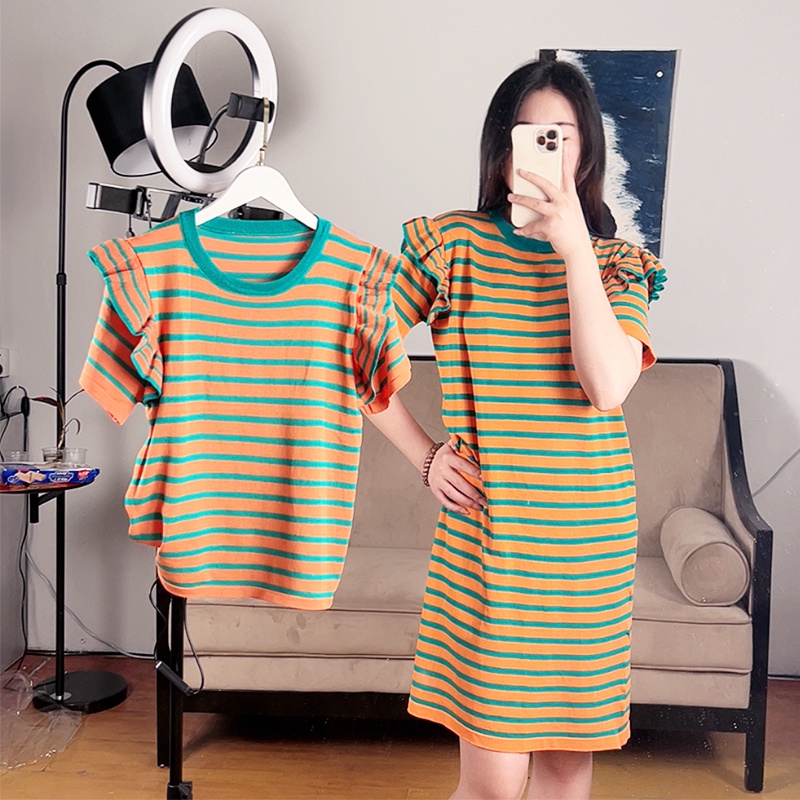 SUXI Đầm Dệt Kim Ngắn Tay Cổ Tròn Họa Tiết Kẻ Sọc Phong Cách Hàn Quốc Thời Trang Mùa Hè