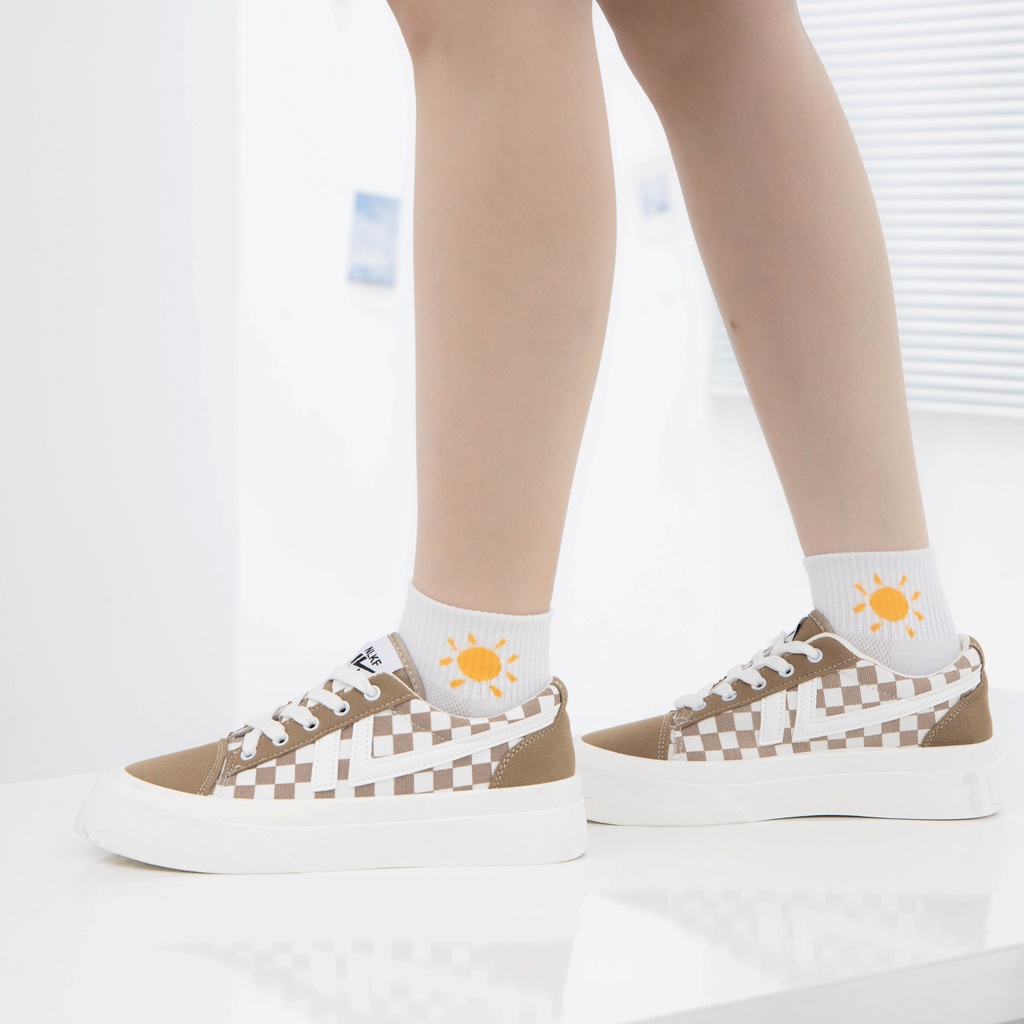 Giày MWC 0639 - Giày Thể Thao Nữ, Sneaker Da Đế Bánh Mì Họa Tiết Sọc Caro Thời Trang