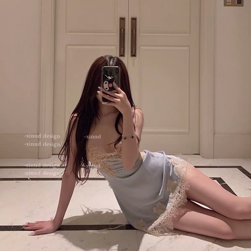 Váy ngủ 2 dây lụa sexy cột dây lưng phối viền ren, Đầm ngủ gợi cảm