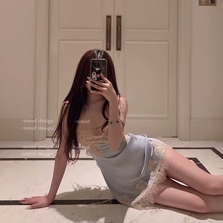 Váy ngủ 2 dây lụa sexy cột dây lưng phối viền ren, Đầm ngủ gợi cảm