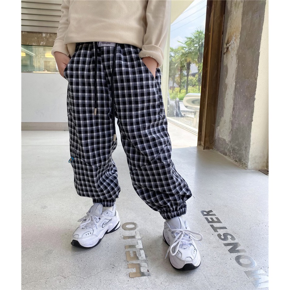 QB229 -Quần nỉ bé trai sọc gingham 2 lớp sz 90-150, quần cho bé thời trang hàn quốc