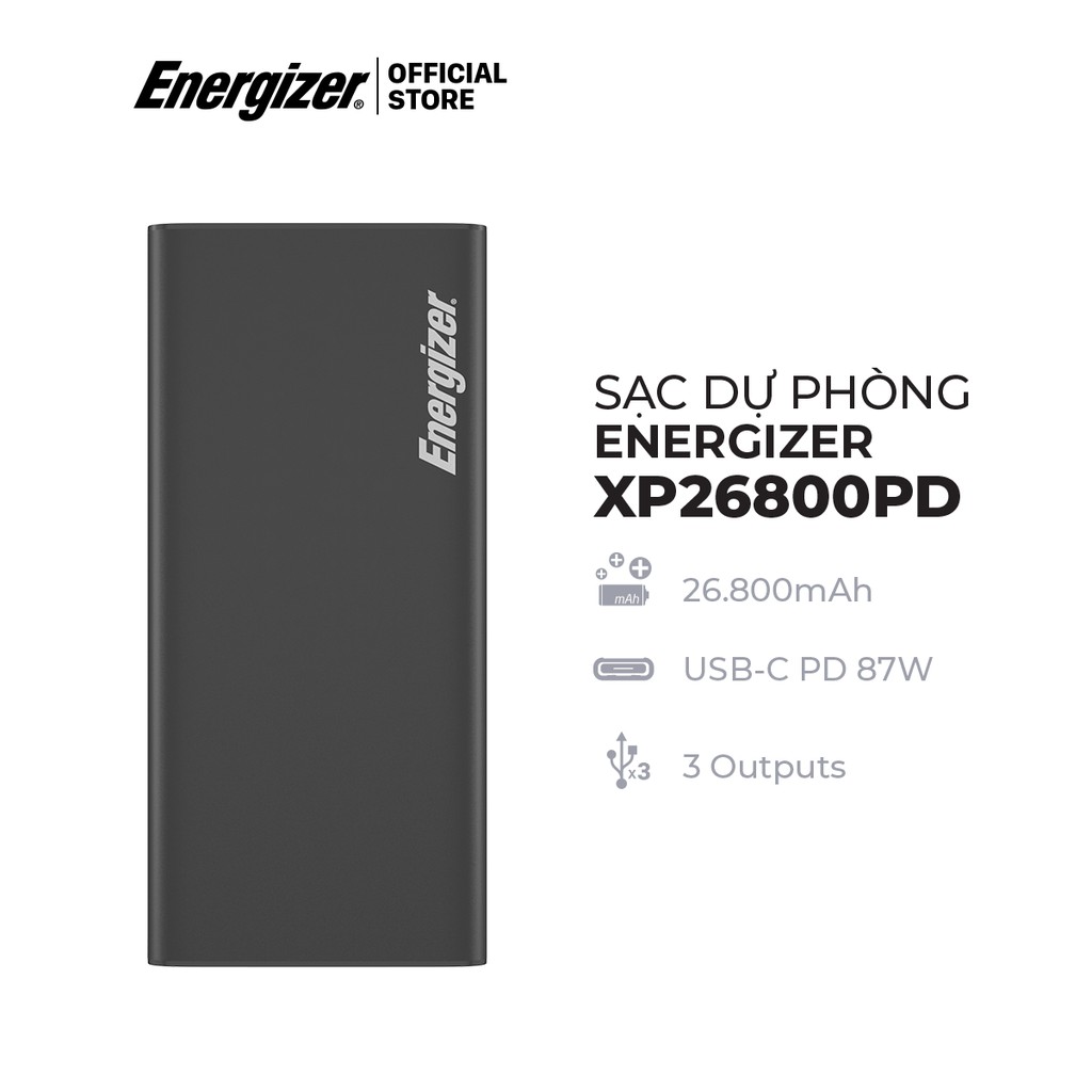 Sạc dự phòng Energizer 26,800mAh XP26800PD - tích hợp 3 cổng output tiện lợi, công suất 87W - Hàng chính hãng