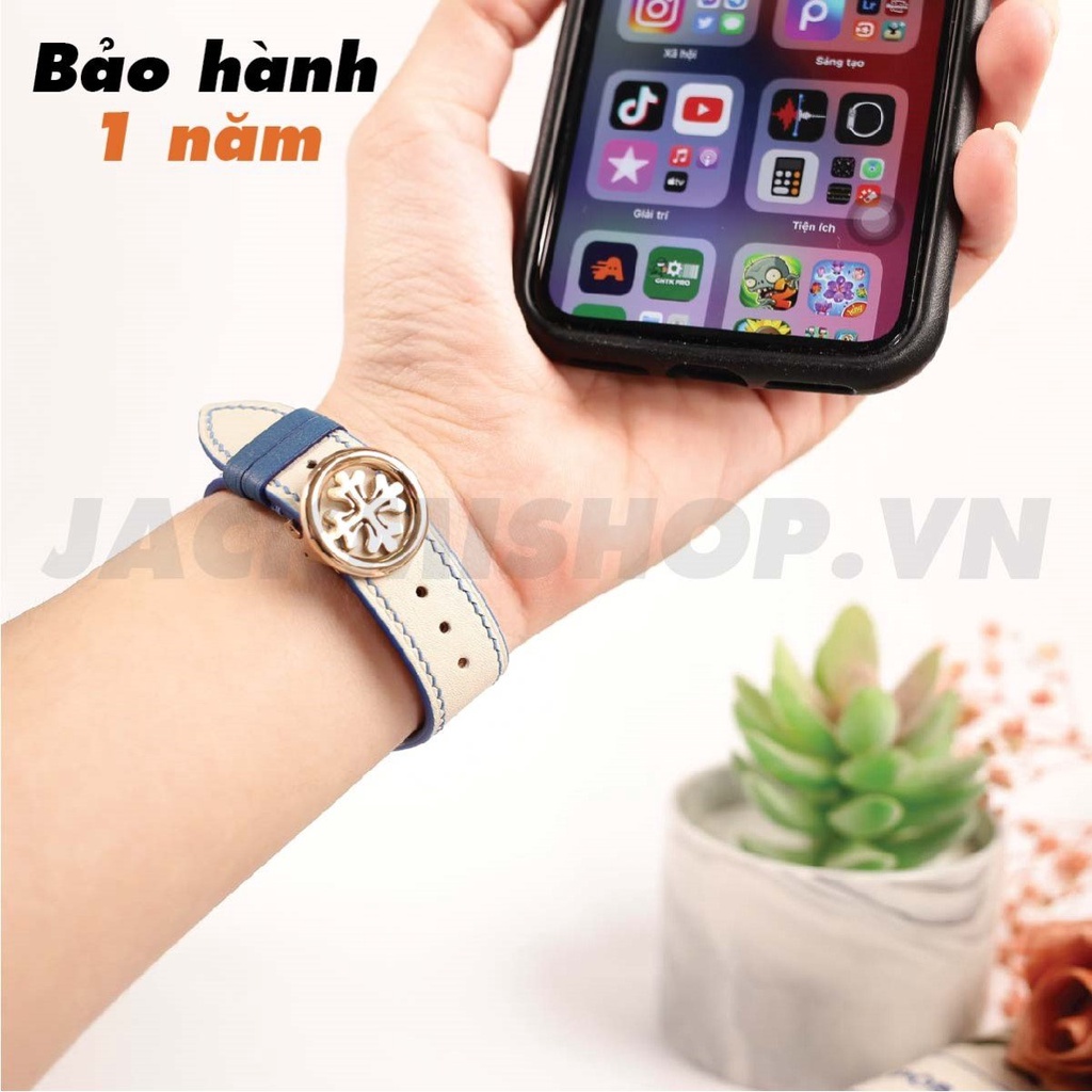 [DÂY DA THẬT] DÂY DA BÊ SWIFT MAY TAY THỦ CÔNG MÀU KEM CHỈ XANH KHÓA PATEK CHO APPLE WATCH SERIES 1=&gt;6 (BẢO HÀNH 1 NĂM)