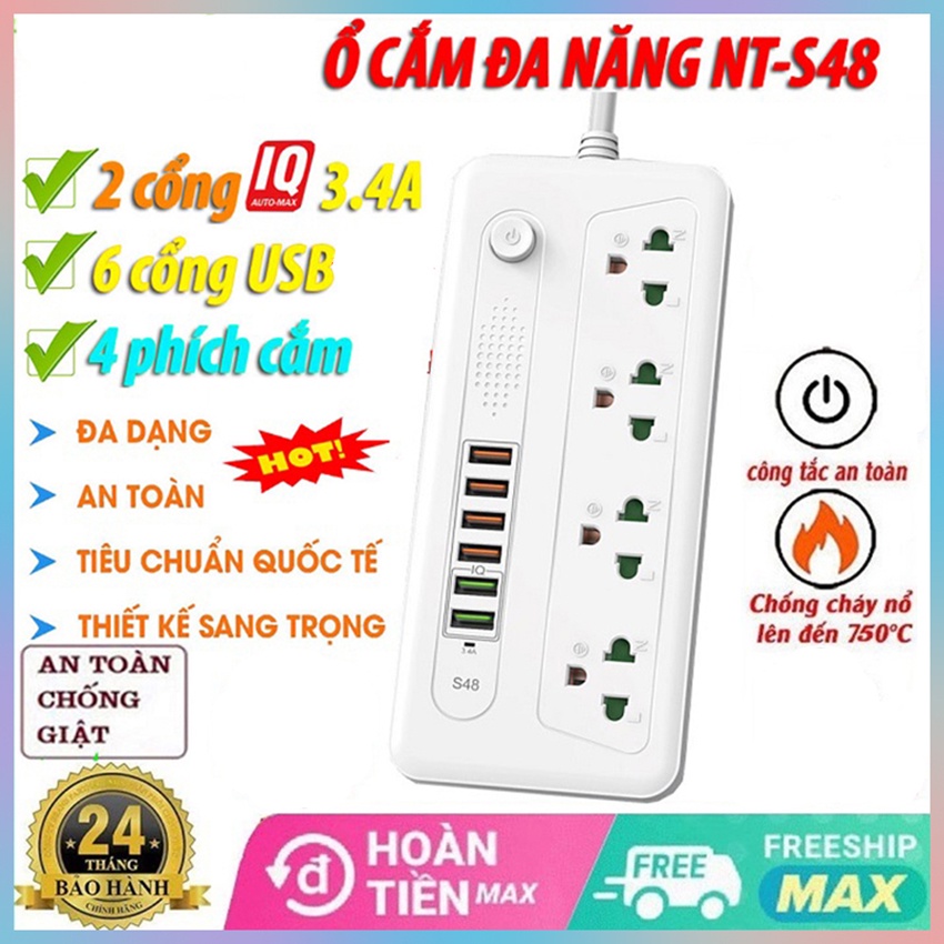 Ổ cắm điện đa năng, thông minh 6 USB IQ sạc nhanh chịu tải 3000W an toàn chống giật cháy nổ
