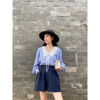 sơmi sọc xanh cổ ren