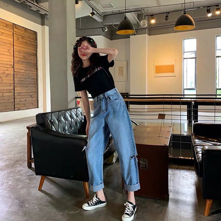 [ FREESHIP ] QUẦN BAGGY JEAN NỮ LƯNG CAO MÀU XANH NHẠT CAO CẤP UTI RÁCH 2 BE LỆCH NHẸ SIÊU CÁ TÍNH, ĐÁNH BAY CON GIÁP