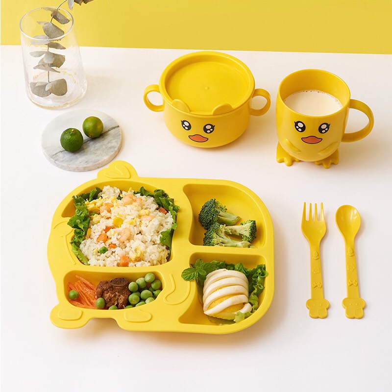 Set Khay Ăn Dặm Lúa Mạch Hình Vịt Vàng Đáng Yêu Cho Bé, Khay Ăn Dặm Chất Liệu Cao Cấp