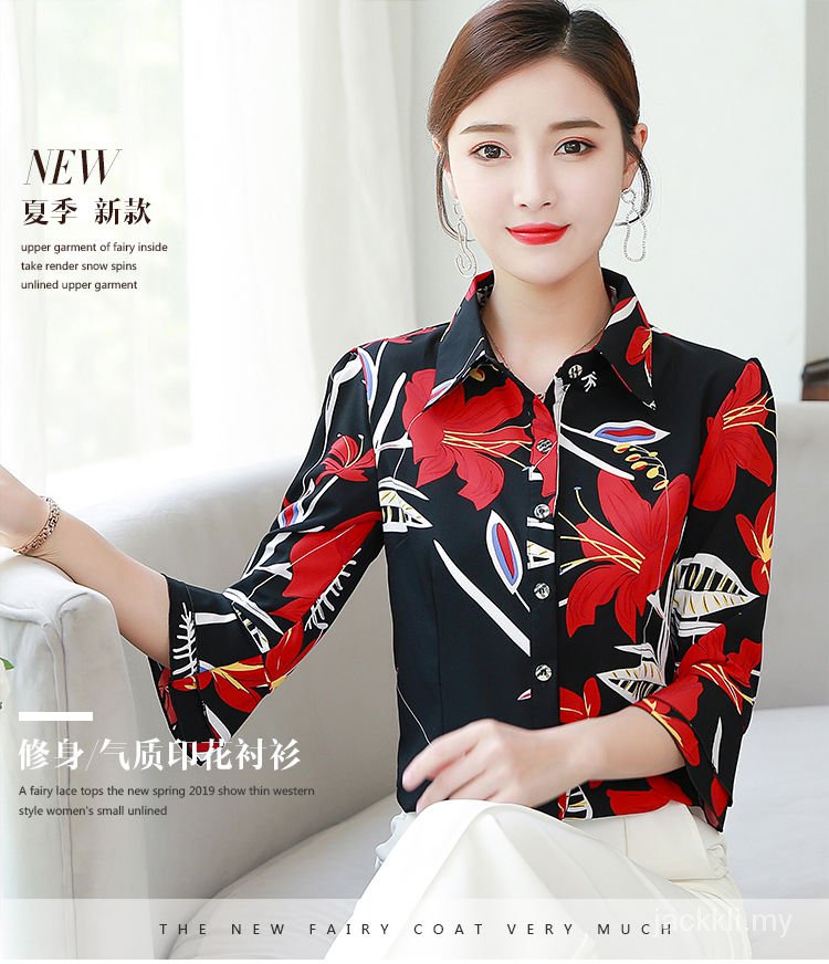 Áo Sơ Mi Chiffon Mềm Tay Loe 3 / 4 In Hoa Màu Xanh Dương Đậm Kiểu Hàn Quốc Thời Trang Xuân Hè 2019 Cho Nữ