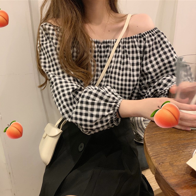 Áo Sơ Mi Chiffon Tay Dài Hở Vai Dáng Rộng Họa Tiết Sọc Caro Phong Cách Hàn Quốc Ngọt Ngào Cho Nữ