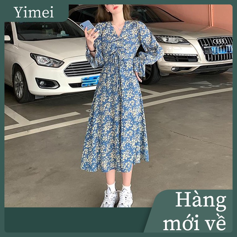 Women's Fashion Classic French Retro Classic Floral Print Long Sleeve V-neck Dress