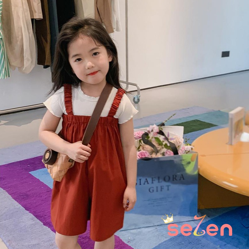 Se7en Set Áo Cổ Tròn Ngắn Tay + Quần Yếm Phong Cách Hàn Quốc Cho Bé Gái