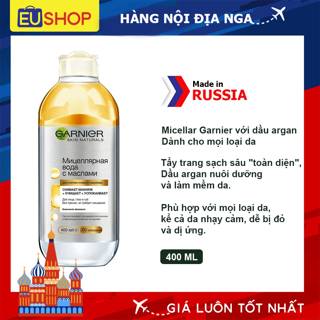 Nước tẩy trang Garnier Micellar với dầu (Trộn cùng dầu tẩy trang giúp làm sạch hơn với cả lớp trang điểm dầy)  Lọ 400ml