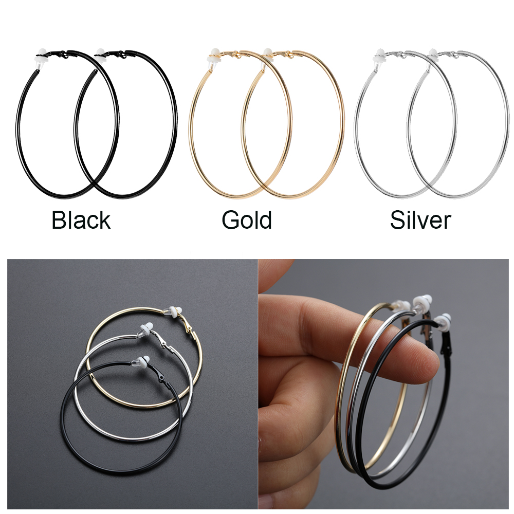 1 Đôi khuyên tai nữ kiểu tròn lớn màu vàng/bạc/đen không cần xỏ