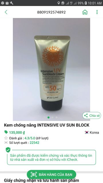 Kem chống nắng 3W Clinic Intensive UV Sunblock Cream SPF 50 PA+++ 70 ml
