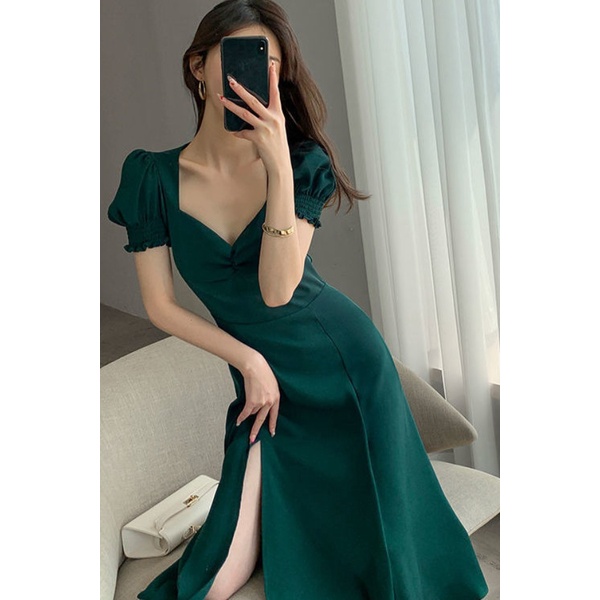 Đầm Chữ A Cổ Vuông Tay Phồng Xẻ Tà Quyến Rũ Thời Trang Kiểu Pháp Cổ Điển