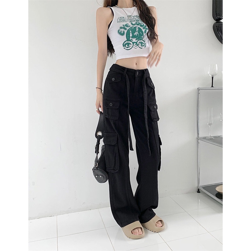 Quần Yếm Jean Hồng Dáng Rộng Nhiều Túi Phong Cách Retro Mỹ Mới Cho Nữ