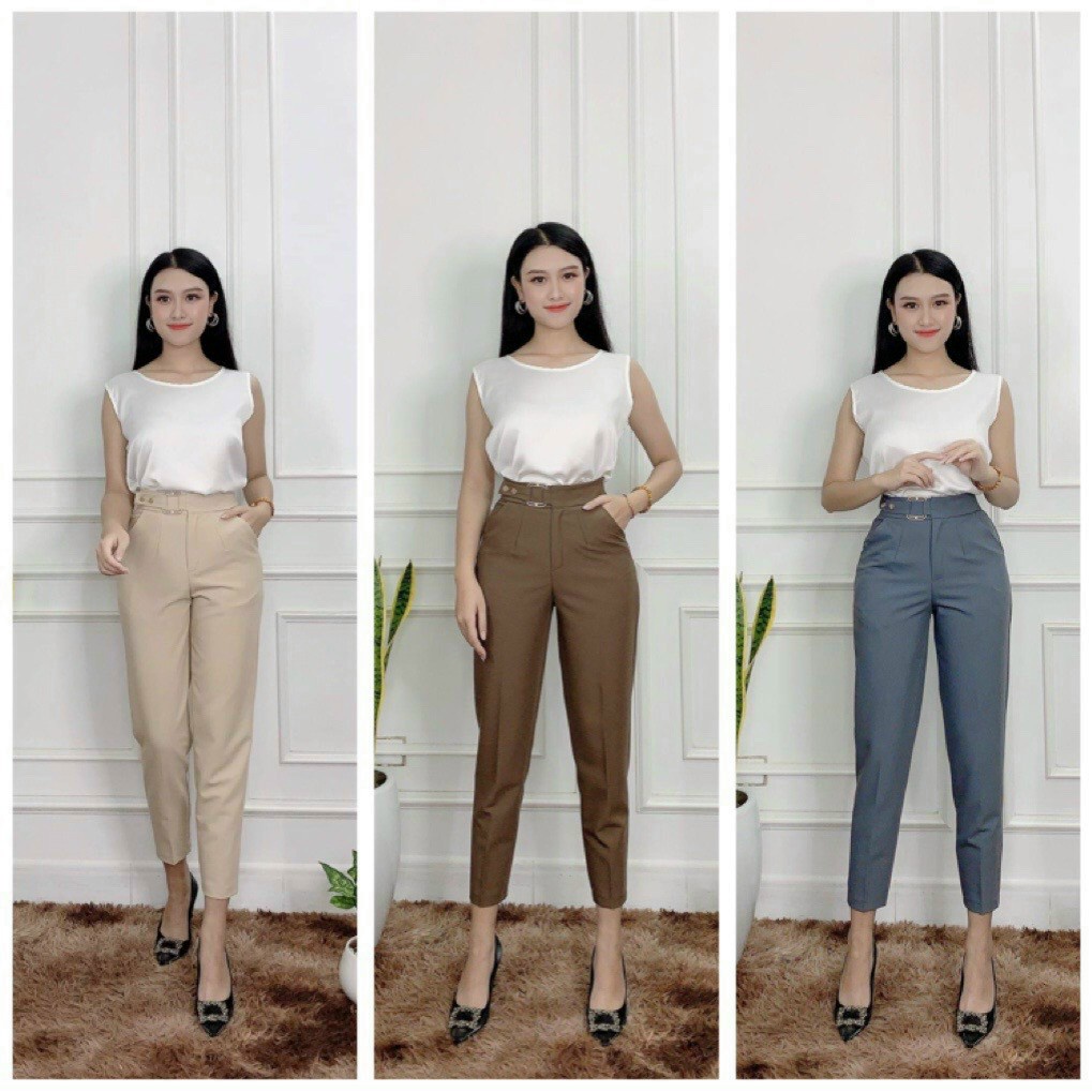 M333 Quần tây công sở nữ dài đai cạp lưng cao_ Dáng quần baggy vải công sở dày mềm phối áo sơ mi
