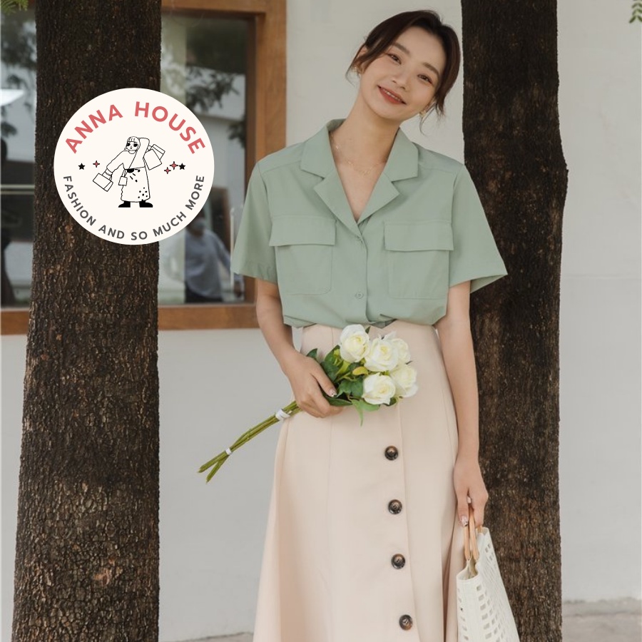 Áo sơ mi nữ cổ vest cộc tay form rộng túi nắp ngực, Áo sơ mi nữ cổ vest V tay ngắn dáng dài rộng màu trơn Hàn Quốc
