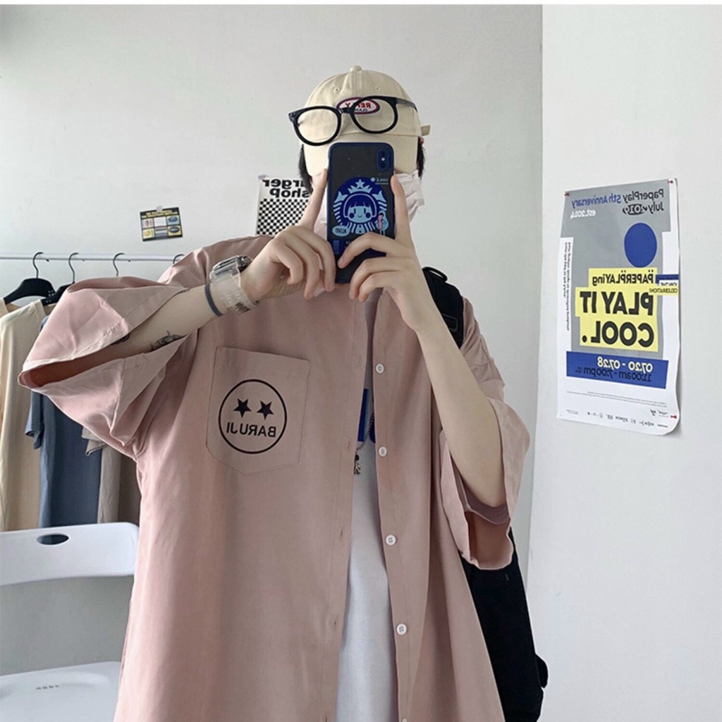 Áo sơ mi tay lỡ In Mặt Cười unisex kaki form rộng Quốc Dân nam nữ hot hit