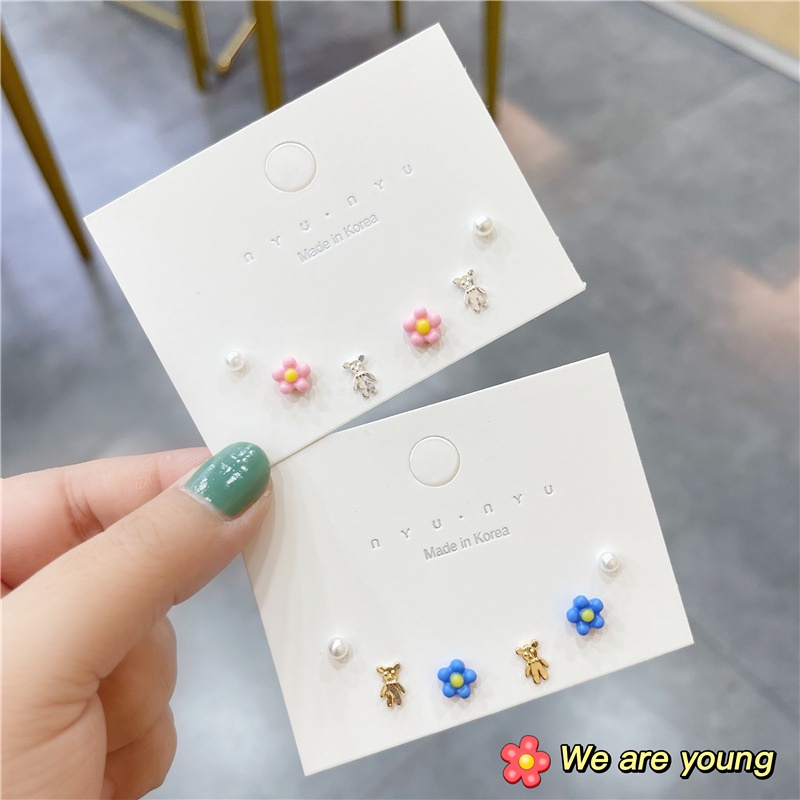 Set 6 khuyên tai hình trái tim/ hoa/ gấu đính đá dễ thương cho nữ