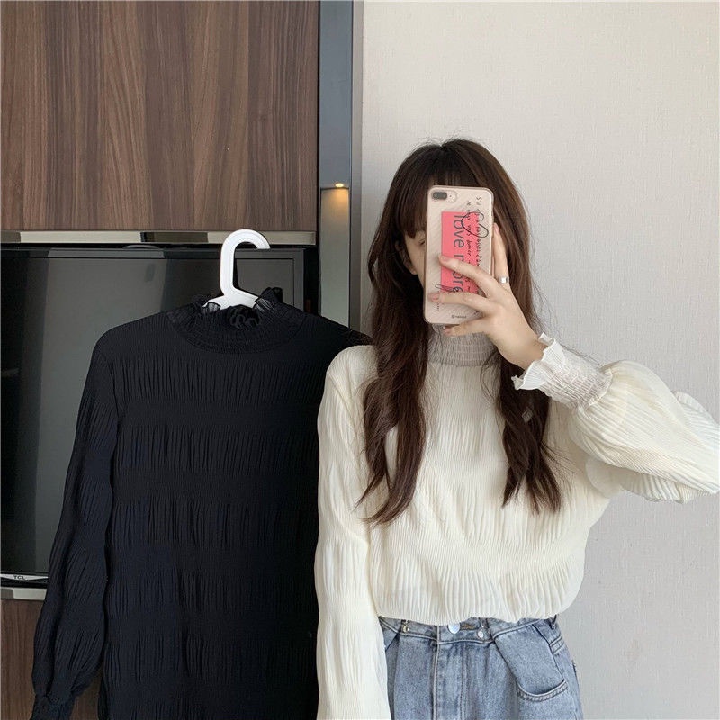 Mới Áo Sơ Mi Chiffon Cổ Cao Phối Ren Lưới Thời Trang