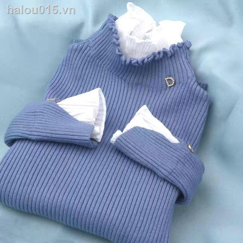 Áo Len Nữ♞△Áo sweater Dài Tay Cổ Cao Phối Ren Thời Trang Thu Đông Cho Nữ