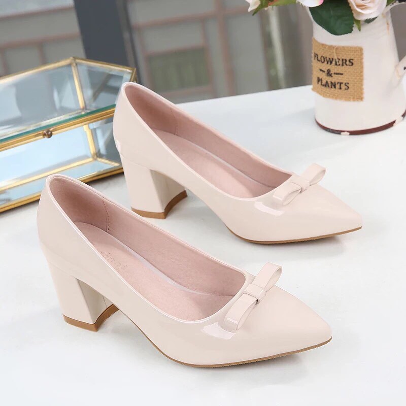 Giày cao gót đính nơ gót vuông cao 5 phân có size 41 42 43 depvashock MS 502