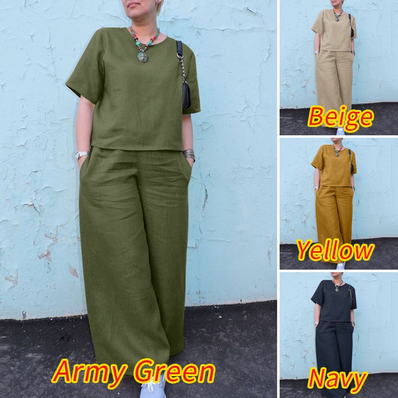 Bộ áo thun tay lỡ cổ tròn + quần dài ống rộng ZANZEA thời trang cho nữ