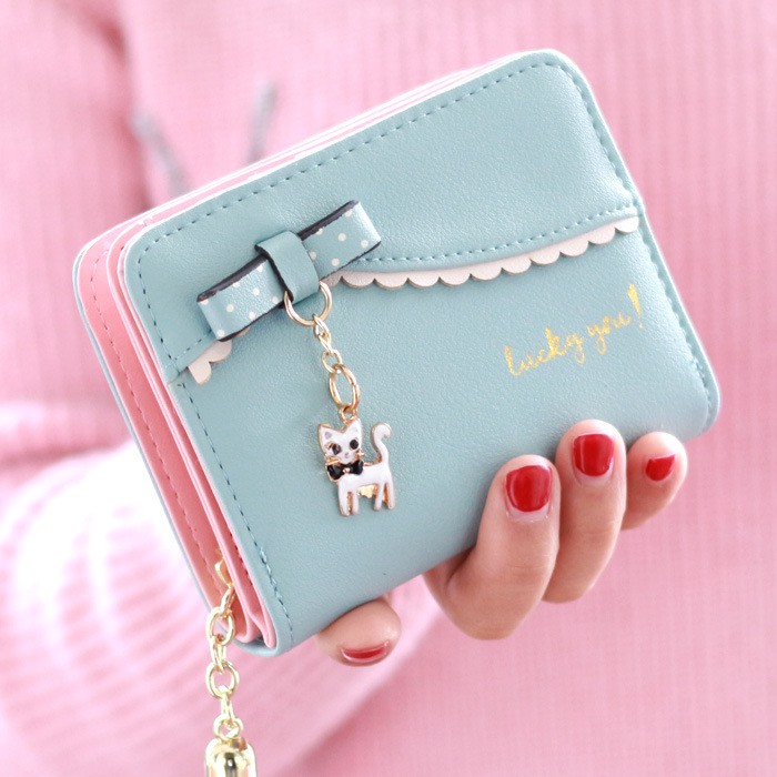 Korean version bow cat small pendant short wallet girl zipper purse tassekolah dompetwanita Ví ngắn có khóa kéo hình mèo thời trang Hàn Quốc