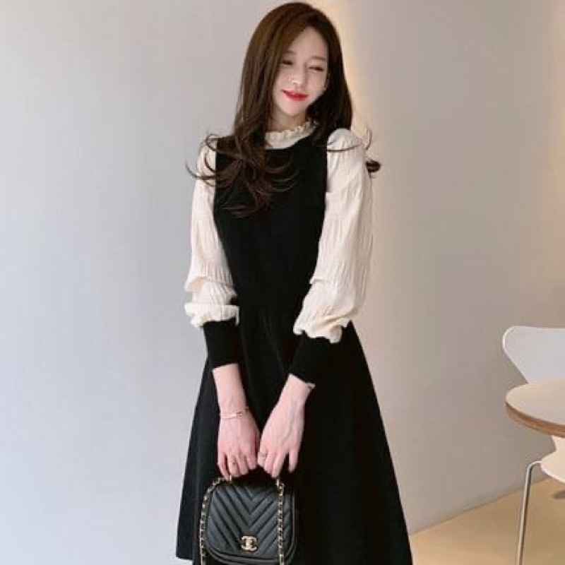 Váy len tiểu thư màu đen màu đo ống tay pha trắng cổ bèo váy len đẹp giá rẻ nhất shopee