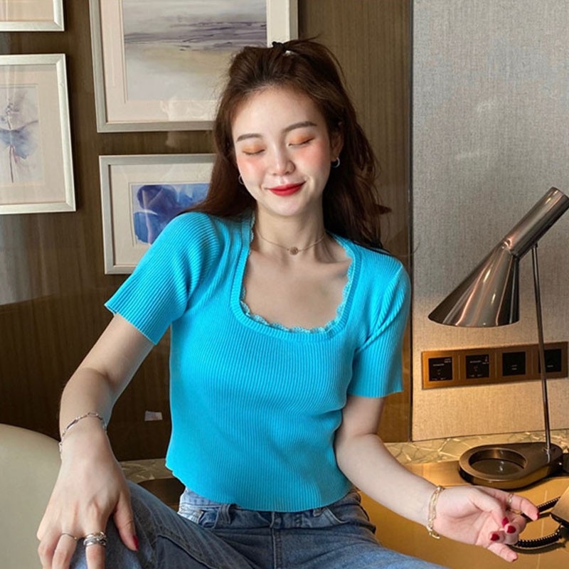 Áo Thun Nữ Ngắn Tay Cổ Vuông Phối Ren Thời Trang