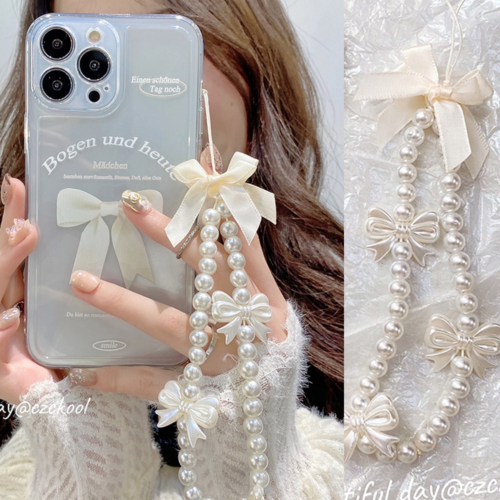 Dây Đeo Điện Thoại Bằng Acrylic Mềm Chống Thất Lạc Đính Hạt Ngọc Trai / Nơ Màu Be Dễ Thương
