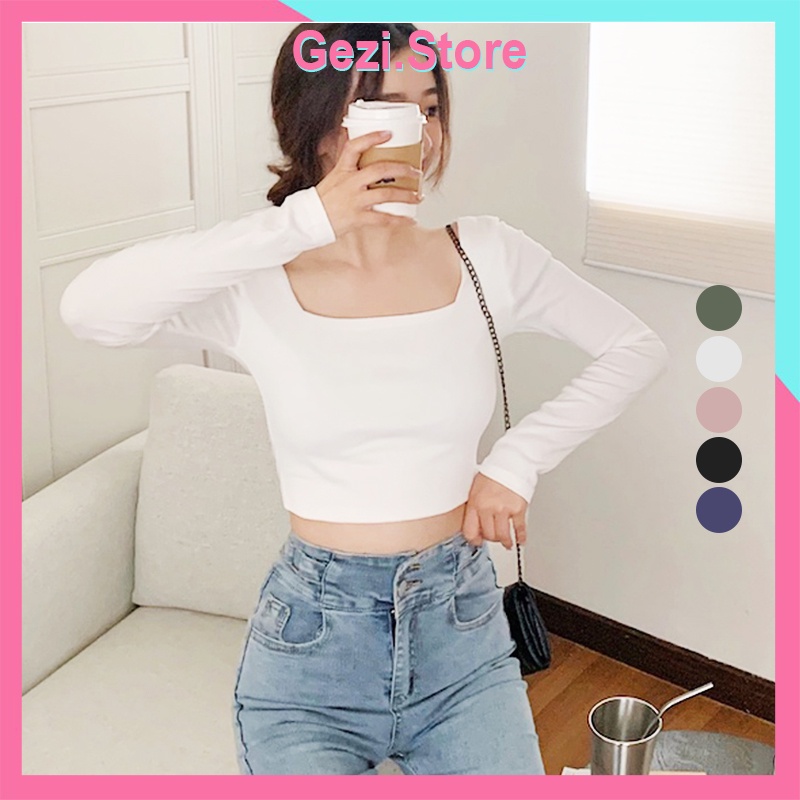 Áo Thun Croptop Dài Tay Dáng Ôm Madela Vải Thun Bozzip Dày Dặn, Áo Croptop Dài Tay Cổ Vuông Nhiều Màu