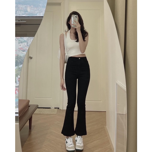 Quần jean loe nữ lưng cao, Quần loe cạp cao chất liệu bò giấy dày dặn co giãn 4 chiều Okella