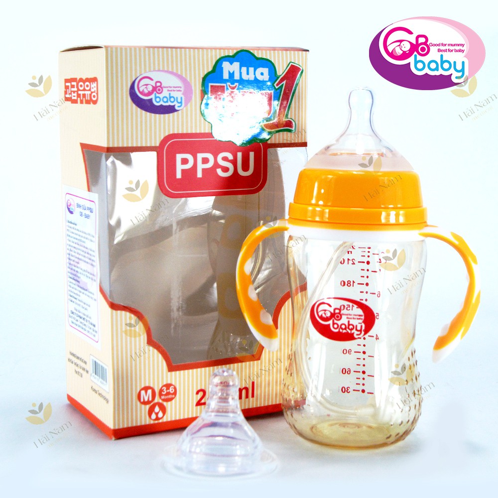 Bình sữa PPSU GB-Baby cổ rộng 240ml Có Tay Cầm ( Tặng 1 Núm Ti Silicon )