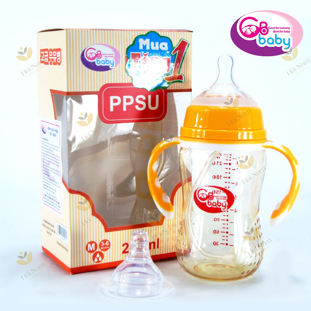 Bình sữa PPSU GB-BABY 240ml cổ rộng có tay cầm, ống hút
