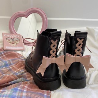 Giày boots (bốt) thấp cổ dáng Dr Martens dây hồng phối nơ sau ulzzang [Yannie]