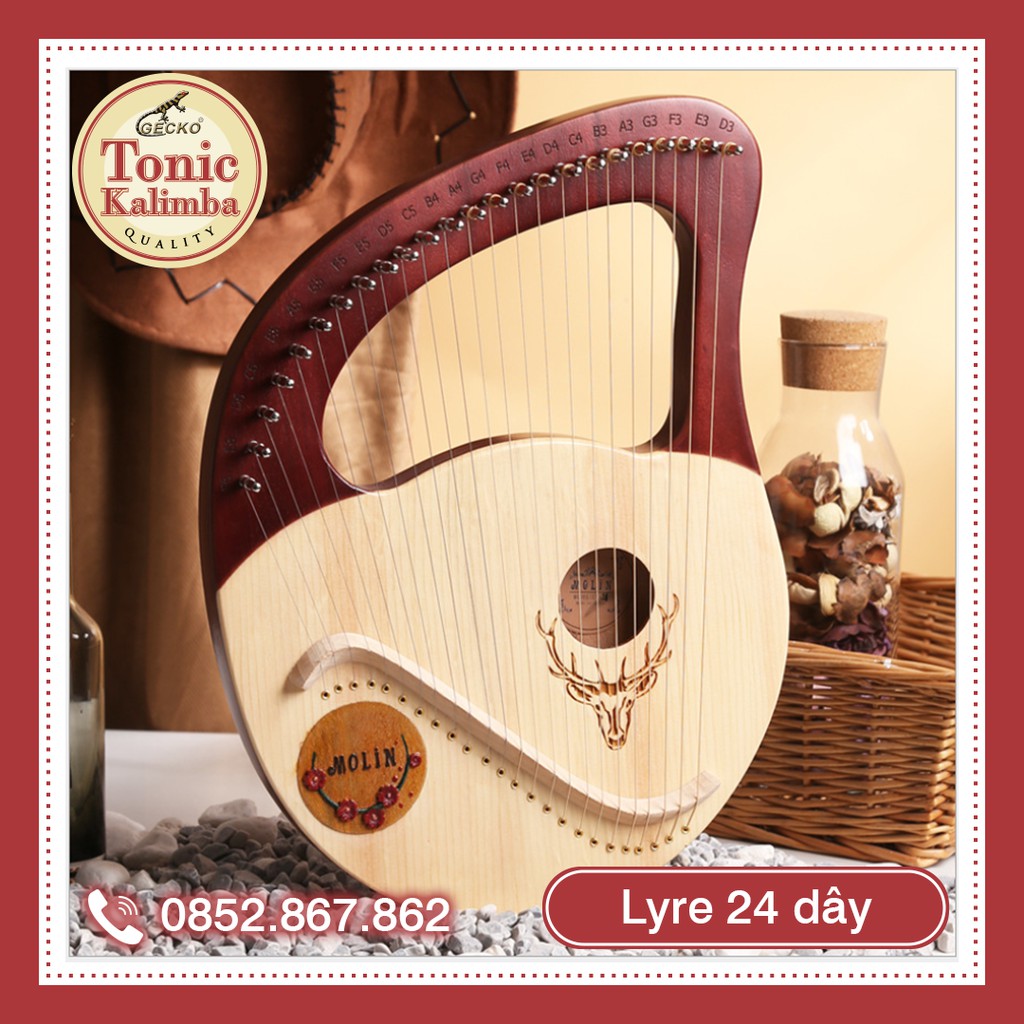 [LYRE 24 DÂY] Đàn Lyre 24 dây /21 dây Lyre Harp Molin-MM1993 Đỏ Đô tặng cây chỉnh dây, phím gãy đàn, khăn lau