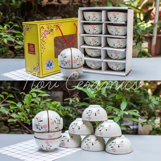 Set 10 bát cơm men kem vẽ "Đào hồng" Bát Tràng